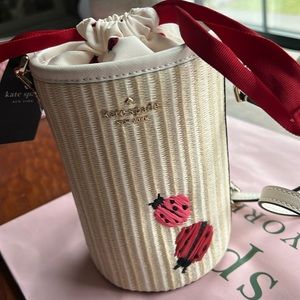 KATE SPADE Lady Bug Embroidered Straw Mini Bucket Bag NWT